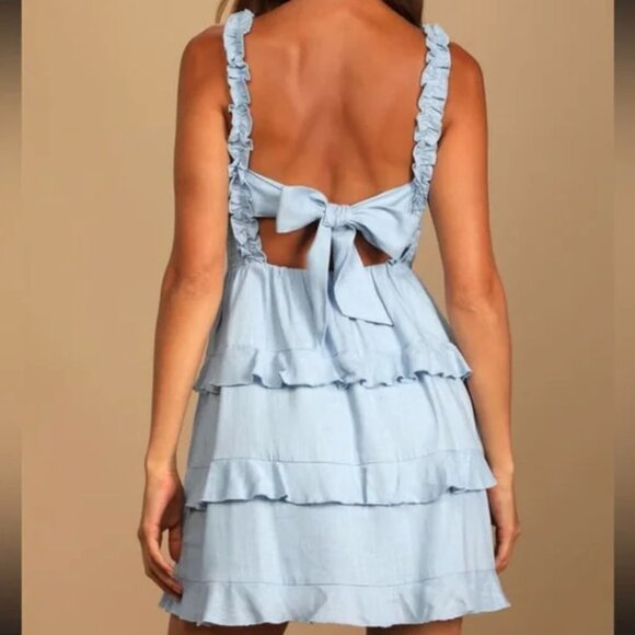 Super Sweet Light Blue Smocked RuffledTie-Back Mini Dress XS - Picture 10 of 12